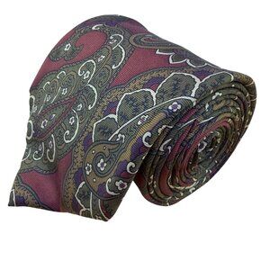 Christian D Mens Burgundy Green Paisley Silk Tie Fabric Woven Italy Made USA
